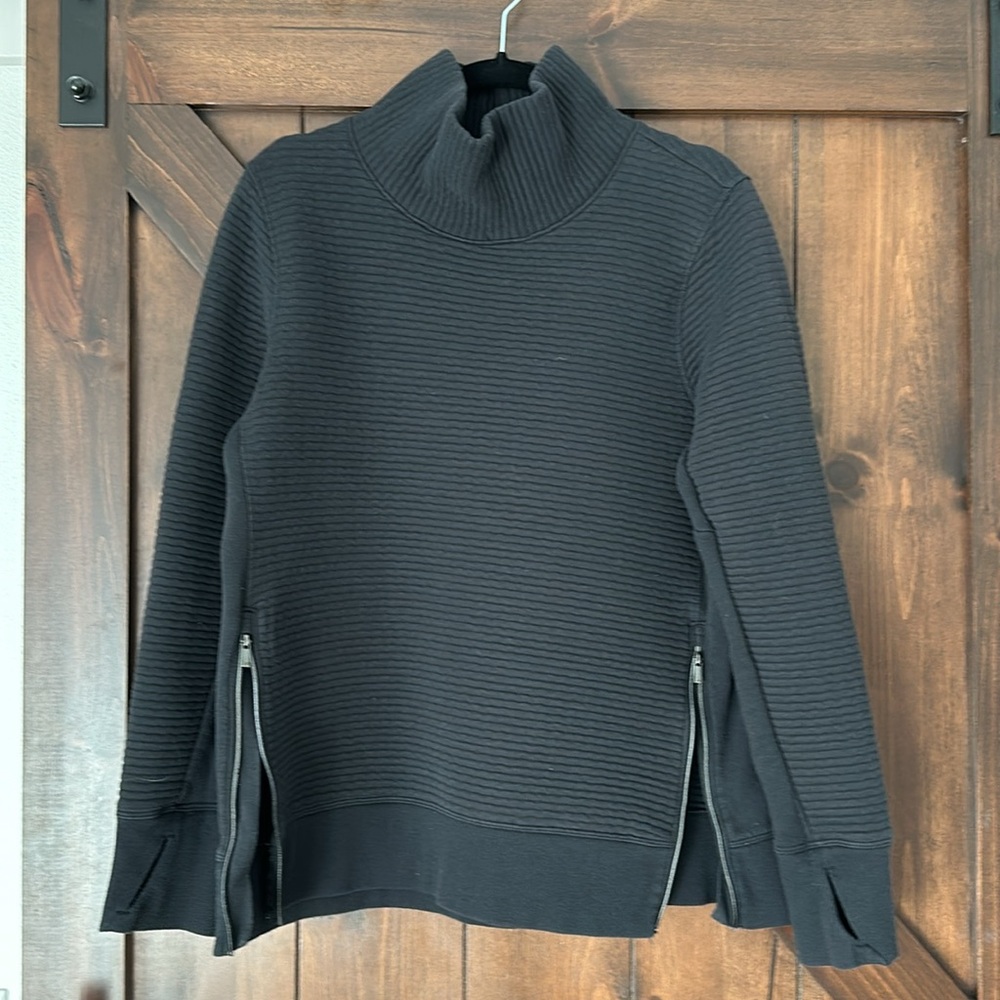 TWO Women's Ribbed Turtleneck Sweater - Black and White - thumb holes/side zip - Picture 2 of 9